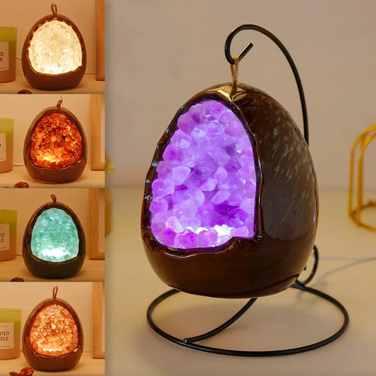 Natural Amethyst Geode Table Lamp | LED Night Light for Bedroom & Home Decor